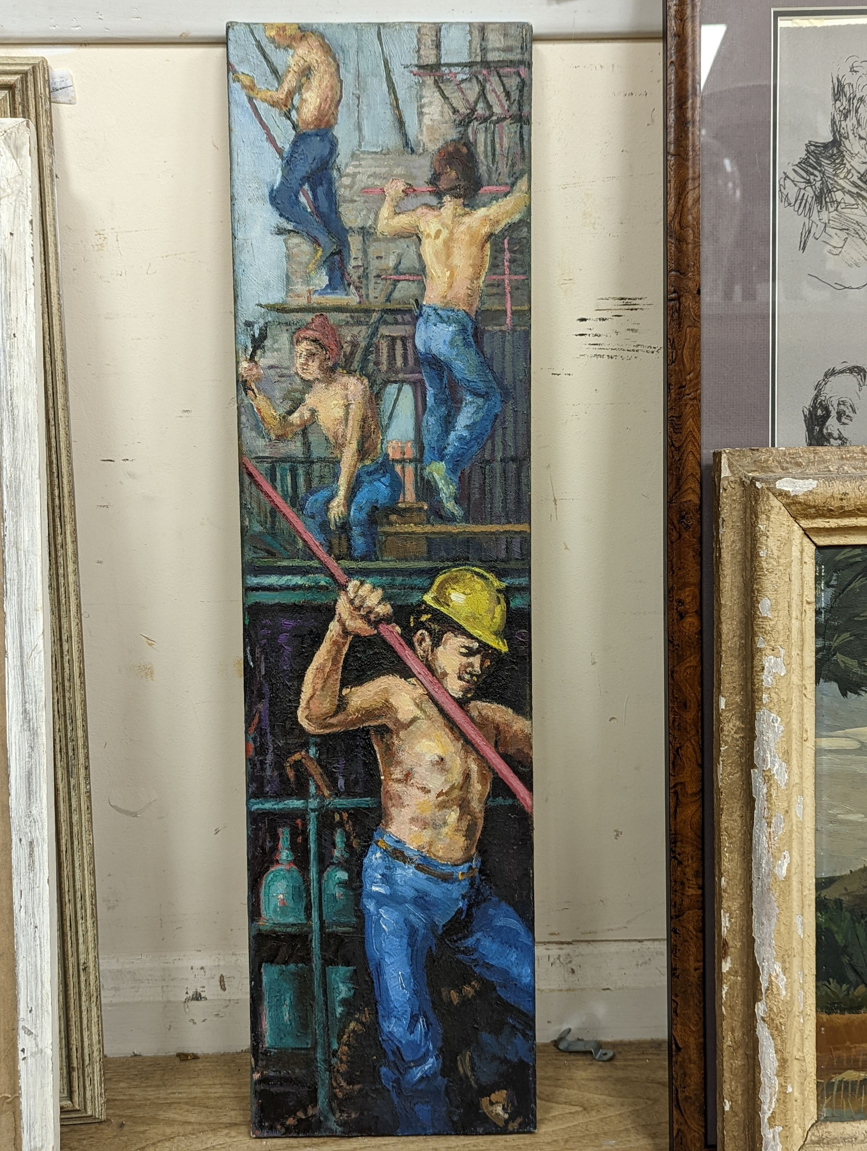 Vladimir Caruana, oil on canvas, 'Scaffolders', inscribed verso, 76 x 20cm, unframed